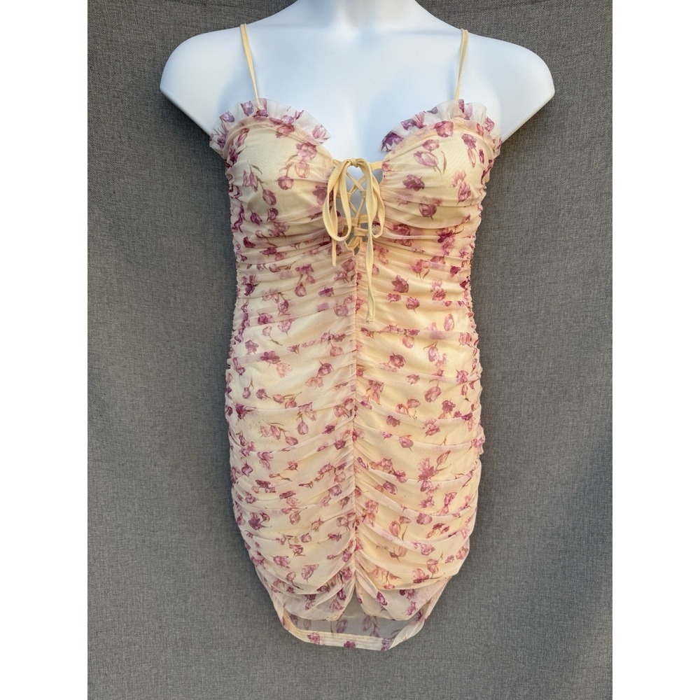 SBetro SZ XL Lace Up Front Ruched Beige Floral Mesh Dress‎ Mini Bodycon